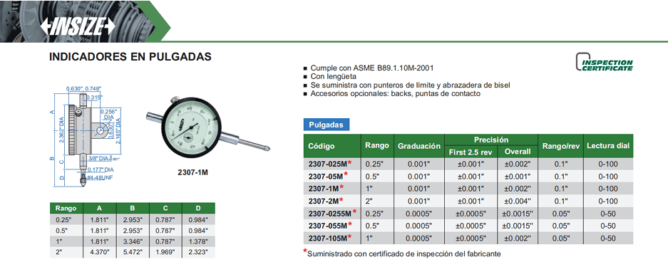 insize 2307 1 indicador de esfera de 1 pulgada, graduación de 0.1 pulgada insize 2307 1 indicador de esfera de 1 pulgada, graduación de 0.1 pulgada
